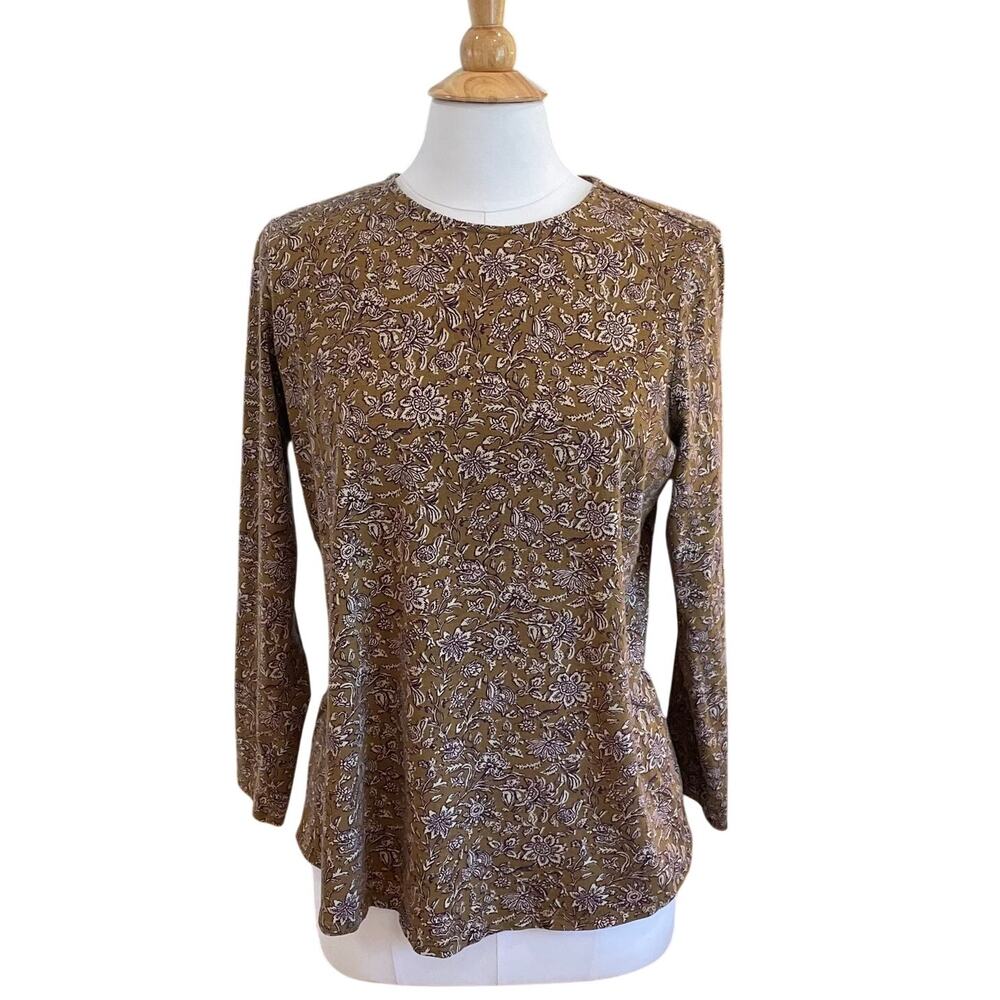 J. Jill Pure Jill Long Sleeve Shirttail Tee, Brown Floral Print Fall Colors MP
